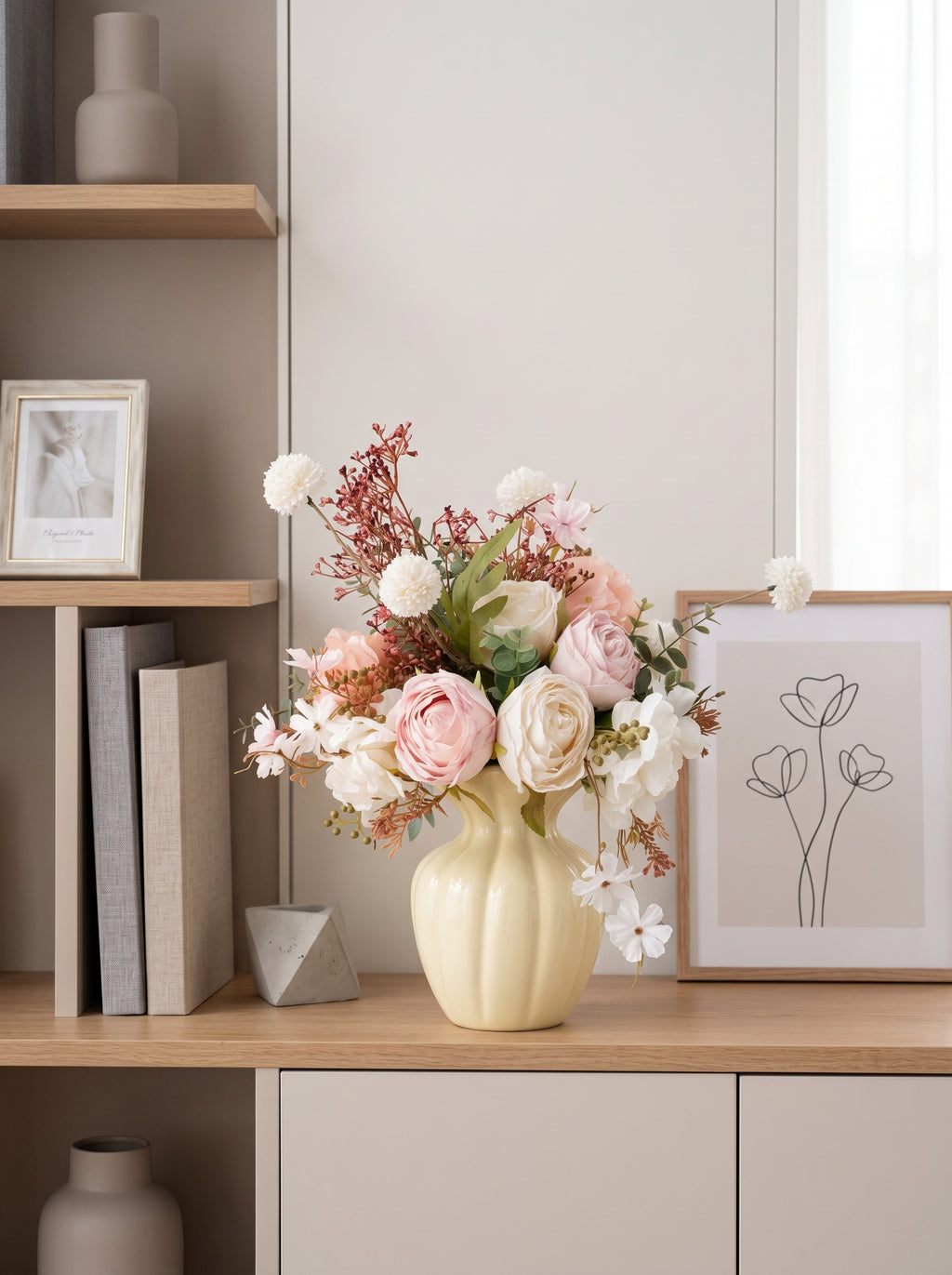 Creamy Blush Rose and Peony Faux Floral Arrangement