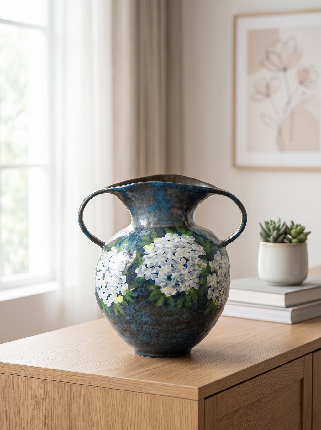 Hand-Painted Hydrangea Blue Double-Handle Vase