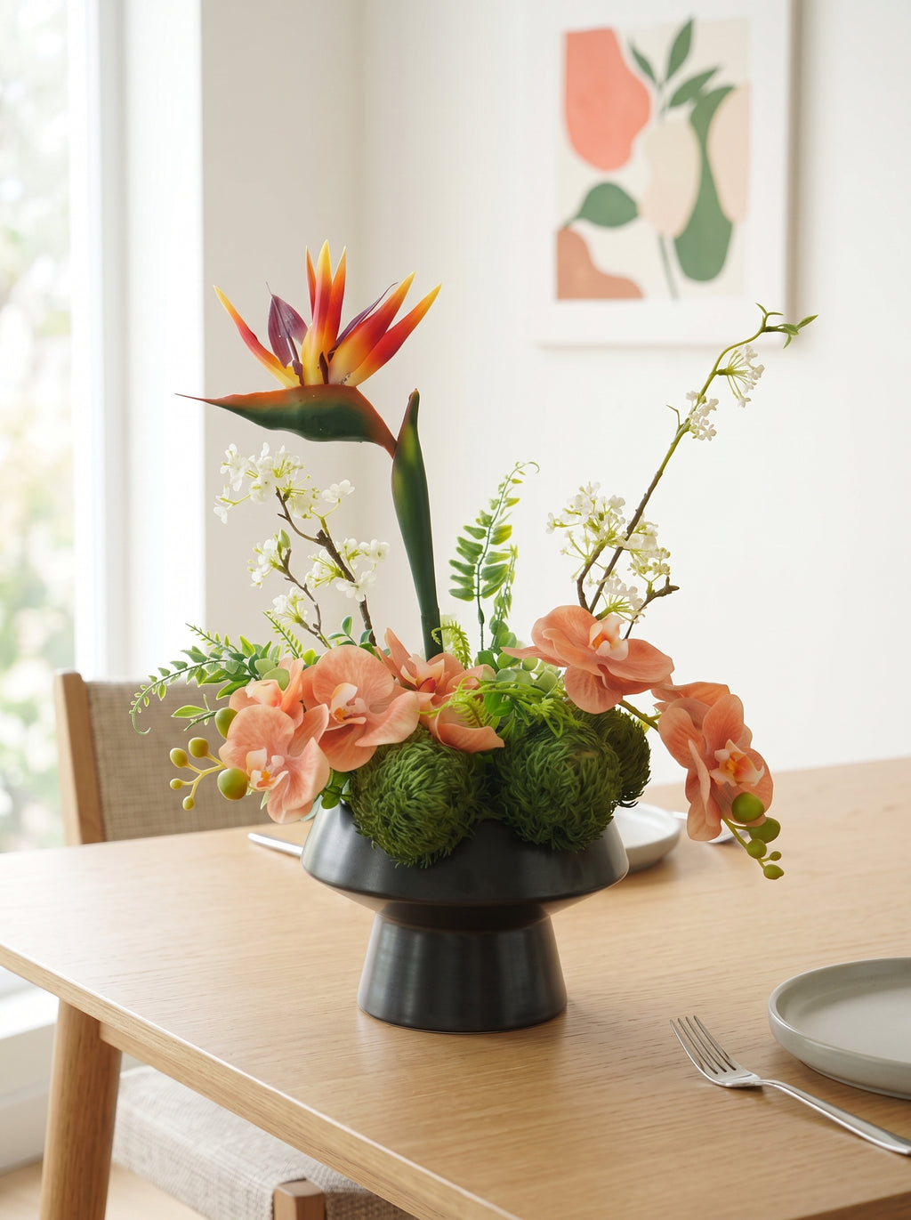 Modern Bird of Paradise and Orchid Faux Floral Arrangement