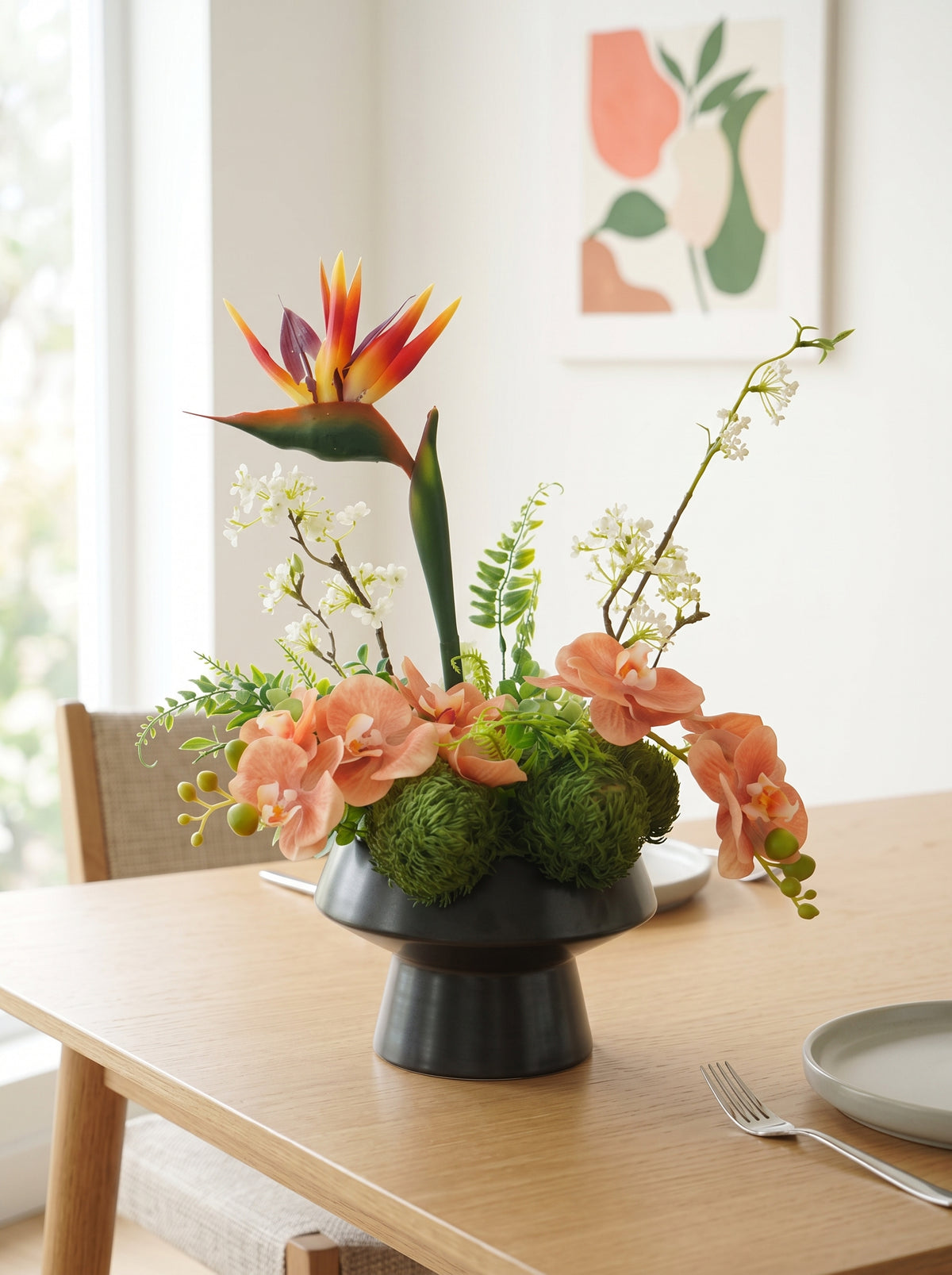 Modern Bird of Paradise and Orchid Faux Floral Arrangement