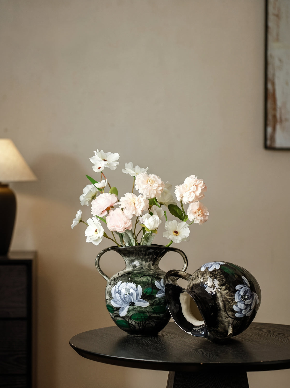 Hand-Painted White Lotus Two-Handled Vase