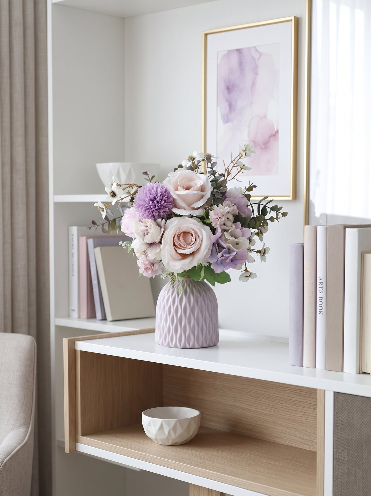 Elegant Mauve Rose and Lavender Provincial Faux Floral Arrangement
