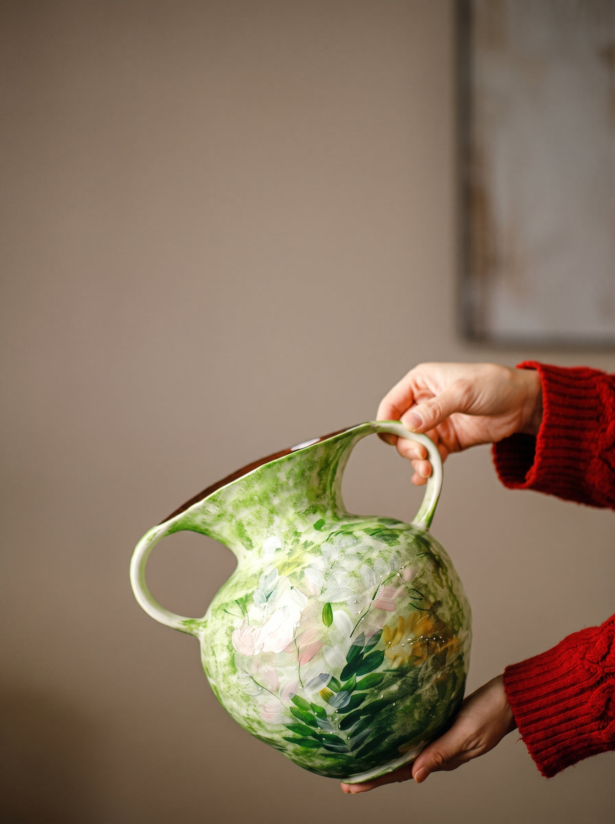 Hand-Painted Green Floral Two-Handled Vase