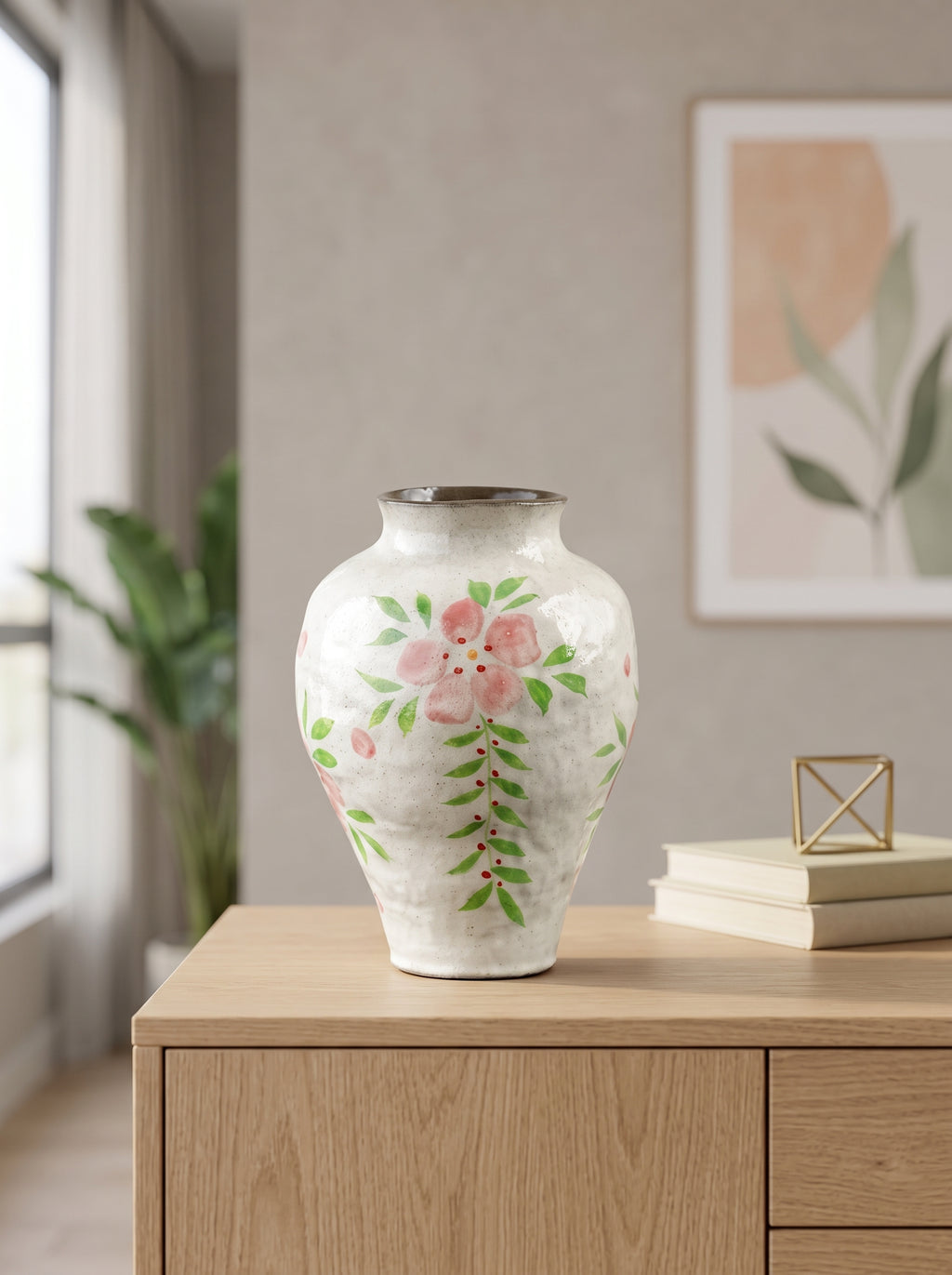 Artisanal Hand-Painted Floral Glazed Vase