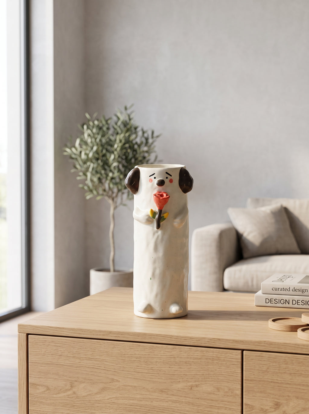 Artisanal Whimsical Dog Holding Rose Vase