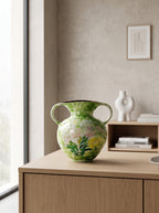 Hand-Painted Green Floral Two-Handled Vase