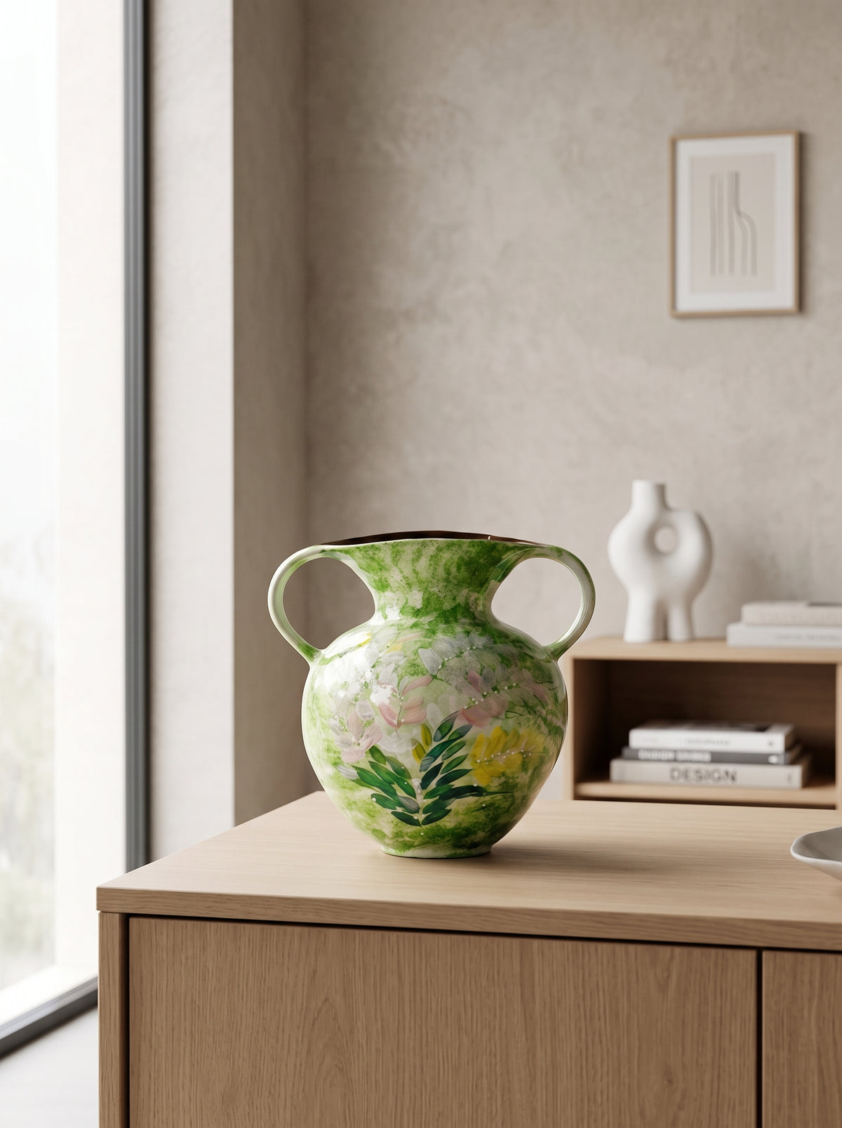 Hand-Painted Green Floral Two-Handled Vase