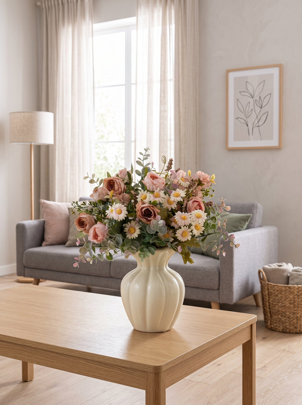 Dusty Rose and Daisy Faux Floral Arrangement