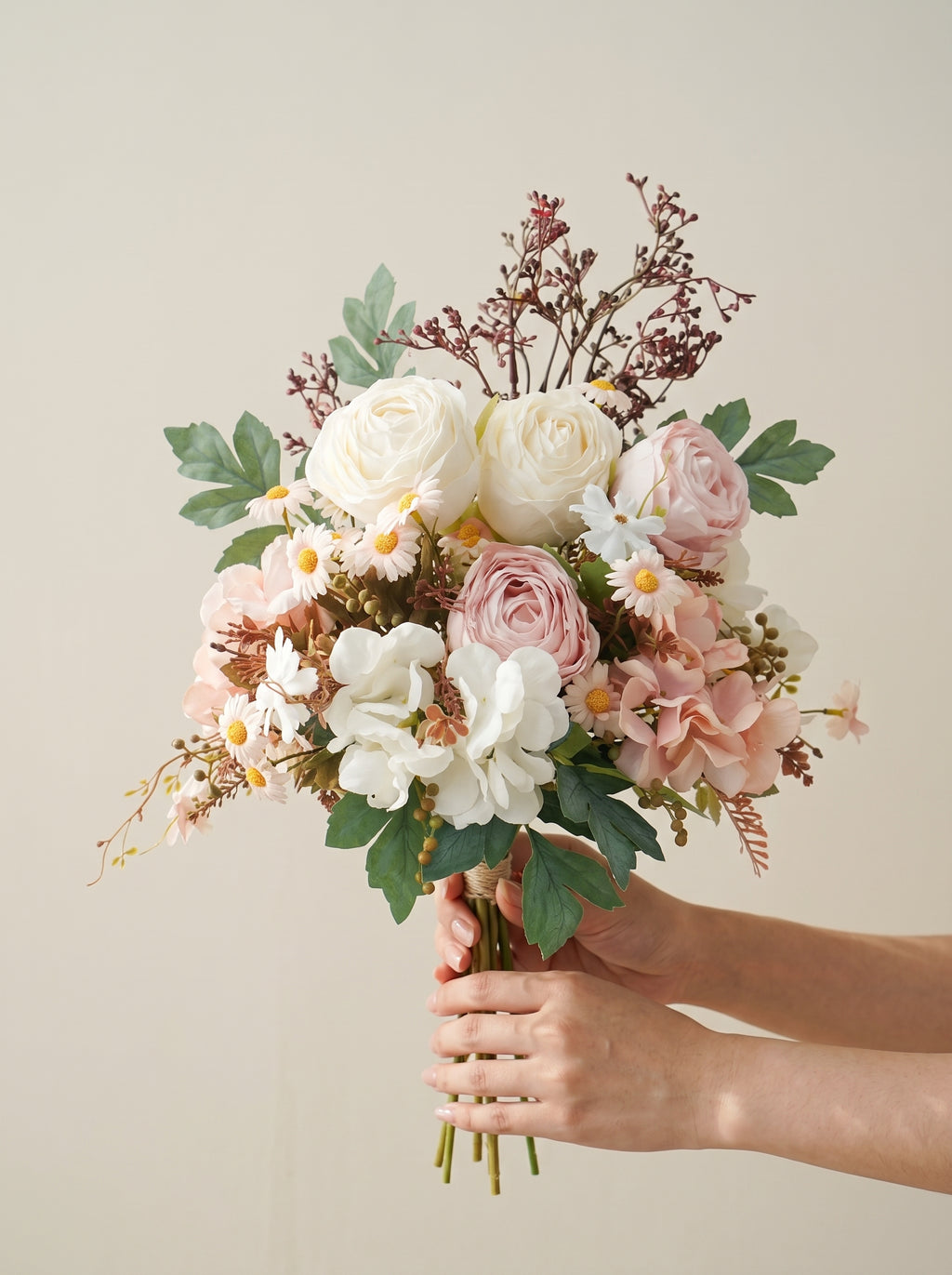 French Country Creamy Pink Rose Daisy Faux Floral Arrangement