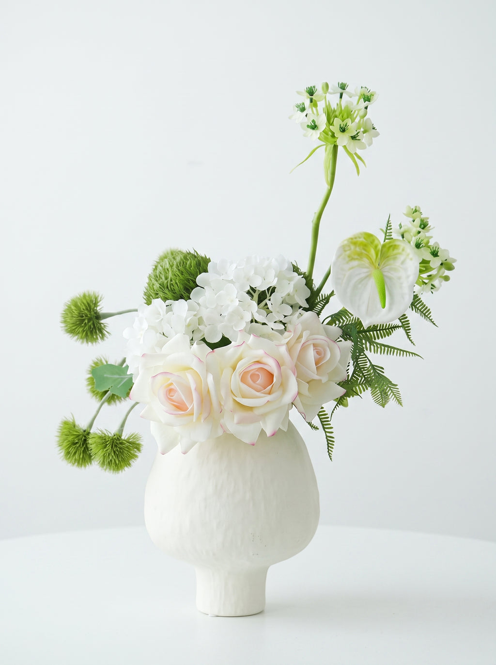 Zen White Rose and Hydrangea Faux Floral Arrangement