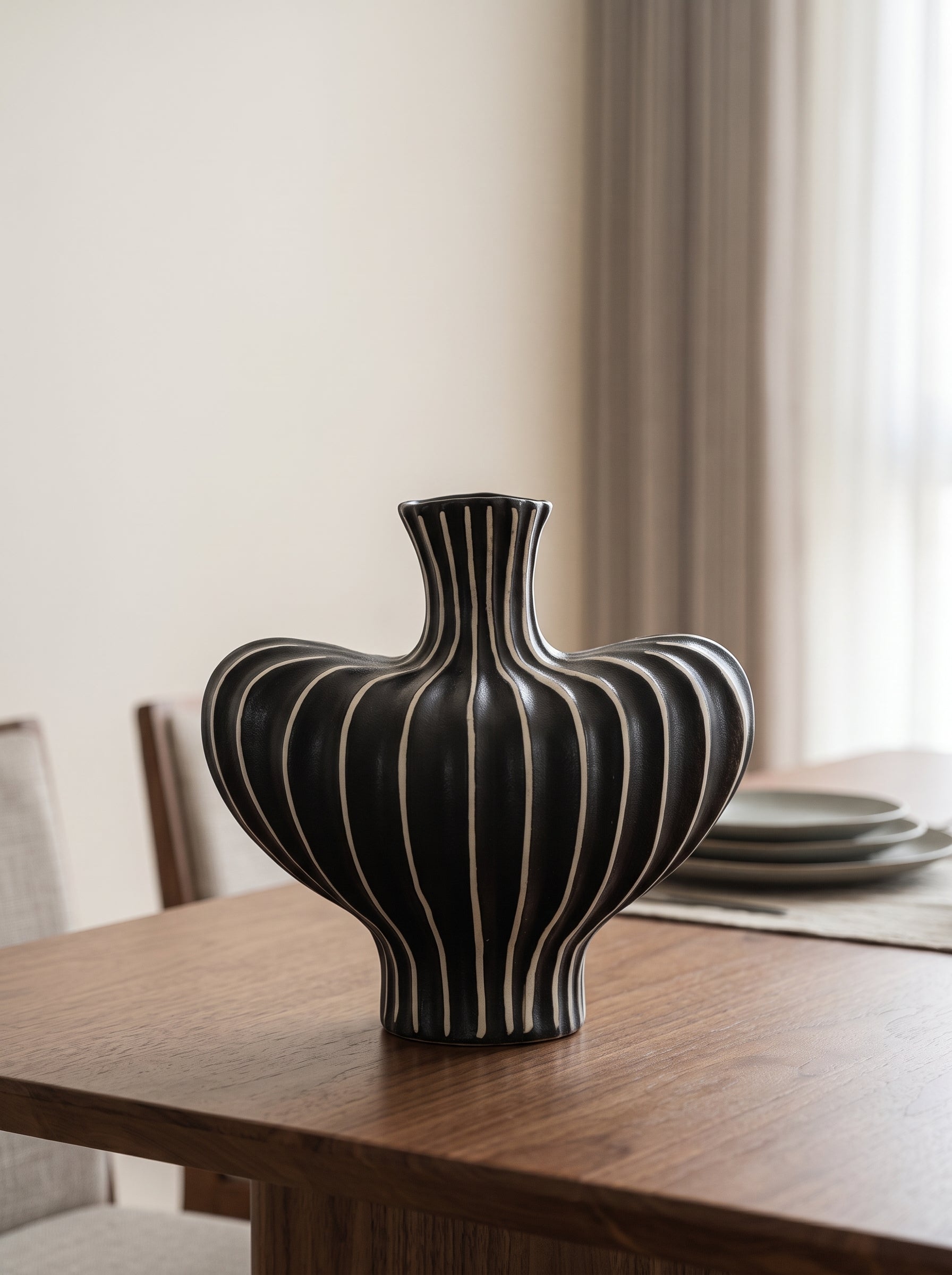 Modern Black White Striped Sculptural Vase