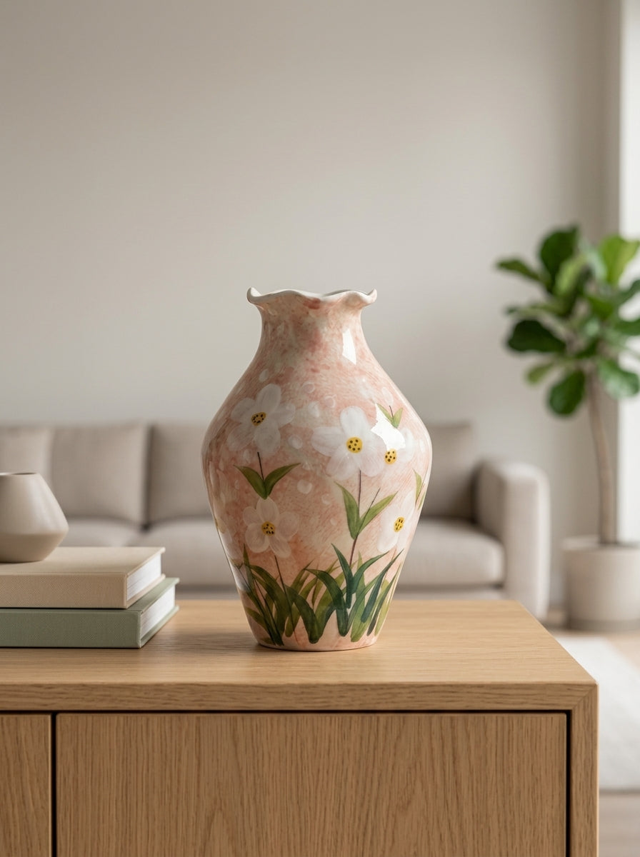 Hand-painted Blush Pink Floral Ceramic Vase