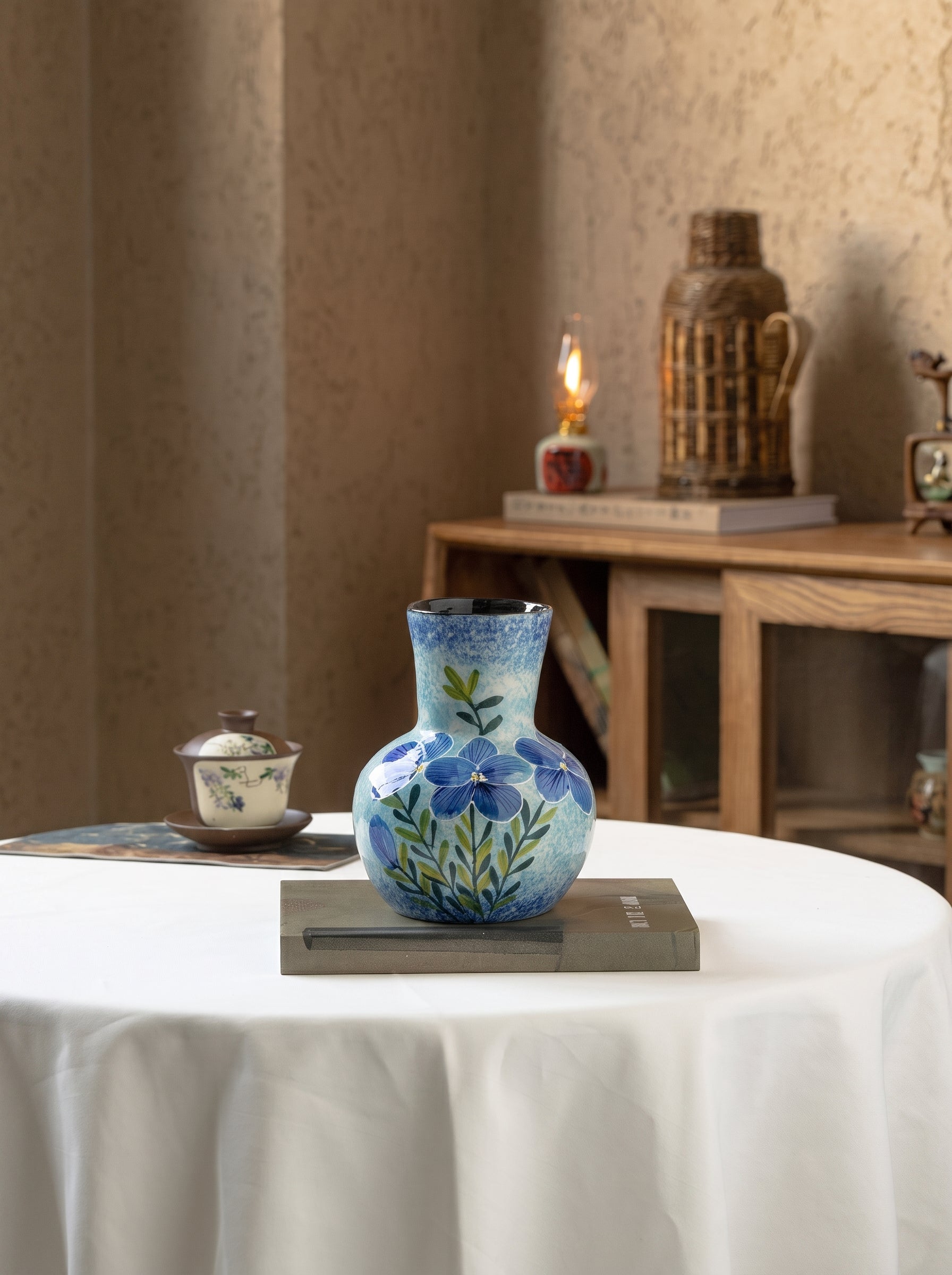 Hand-painted Royal Blue Floral Ceramic Vase