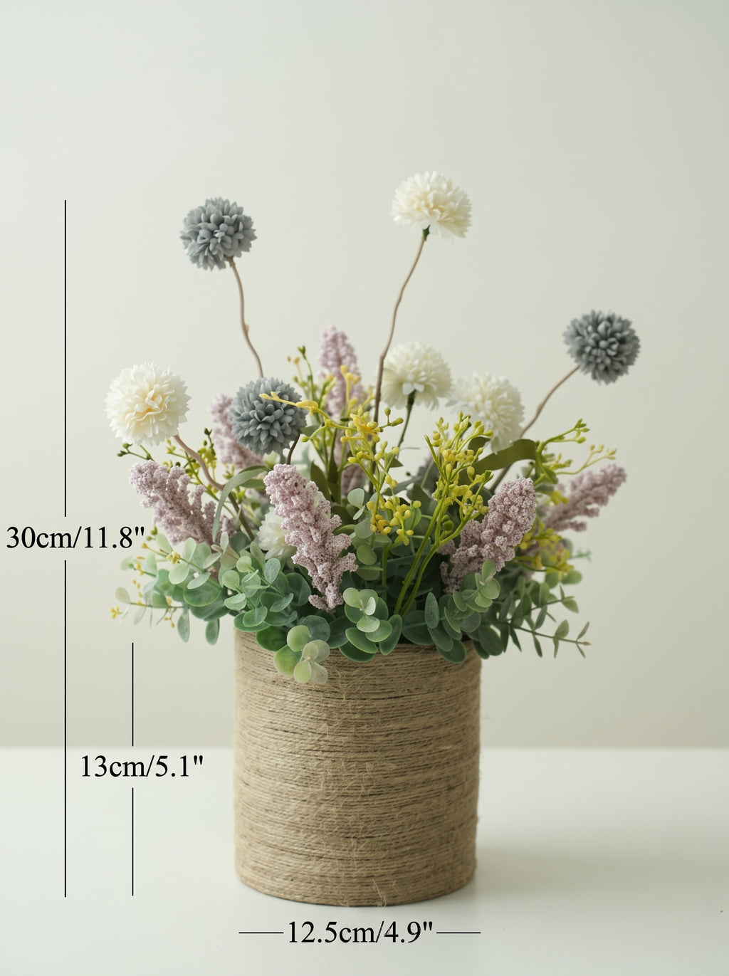 Slate Grey Muted Lilac Pom-Pom Woven Vase Faux Floral Arrangement