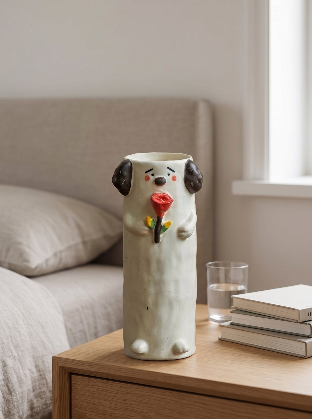 Artisanal Whimsical Dog Holding Rose Vase