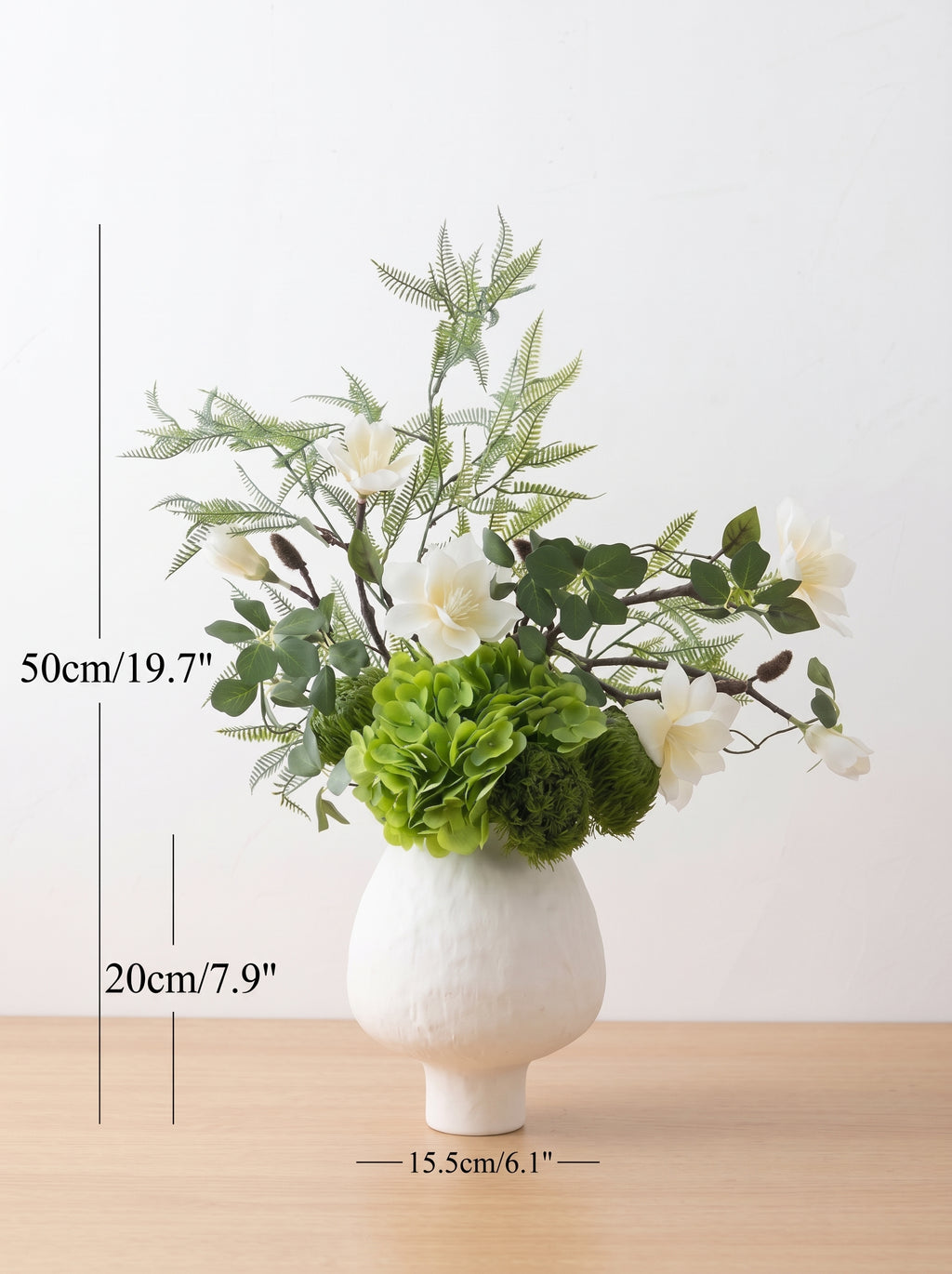 Zen White Magnolia and Green Hydrangea Faux Floral Arrangement