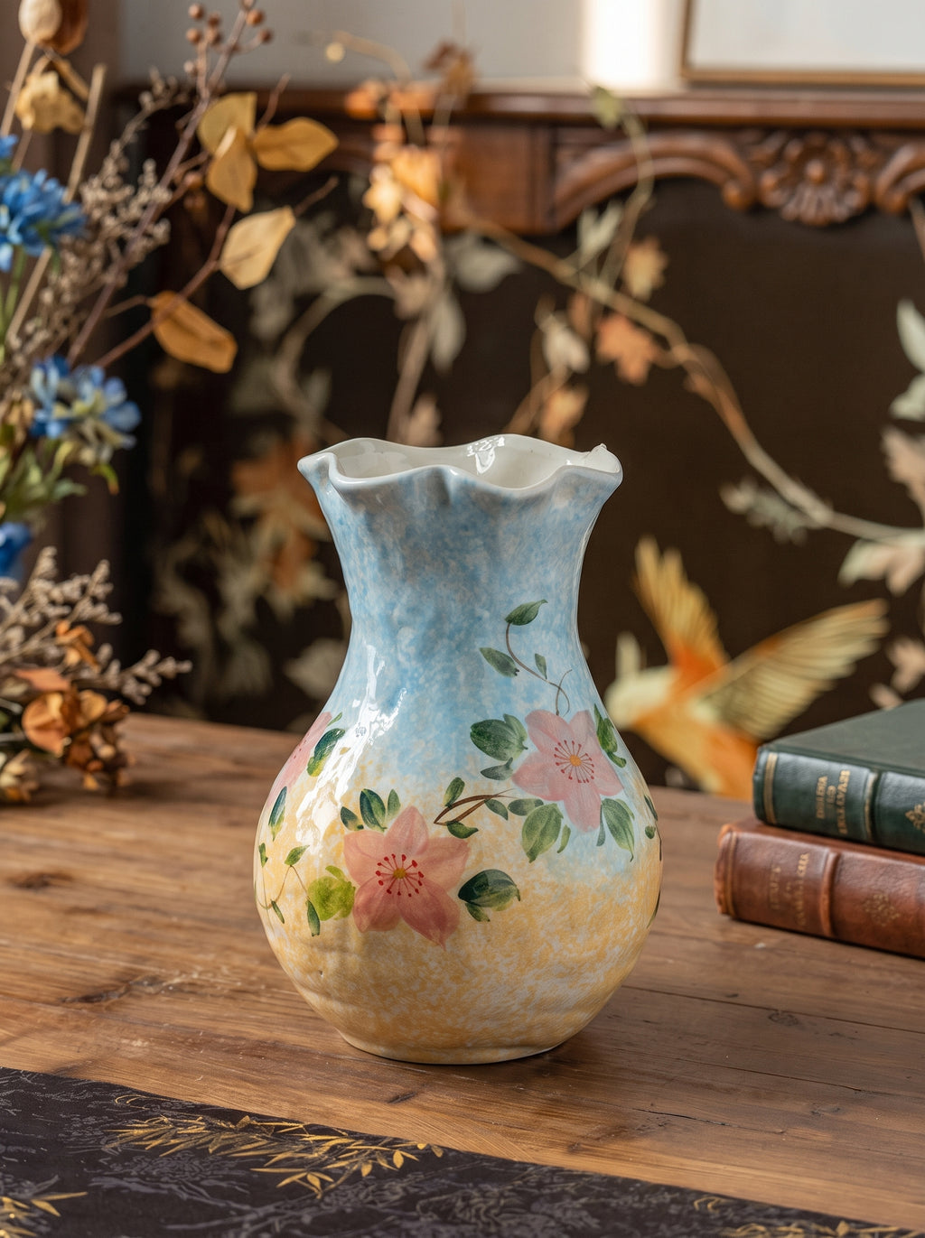 French Country Pastel Blue Floral Ceramic Vase