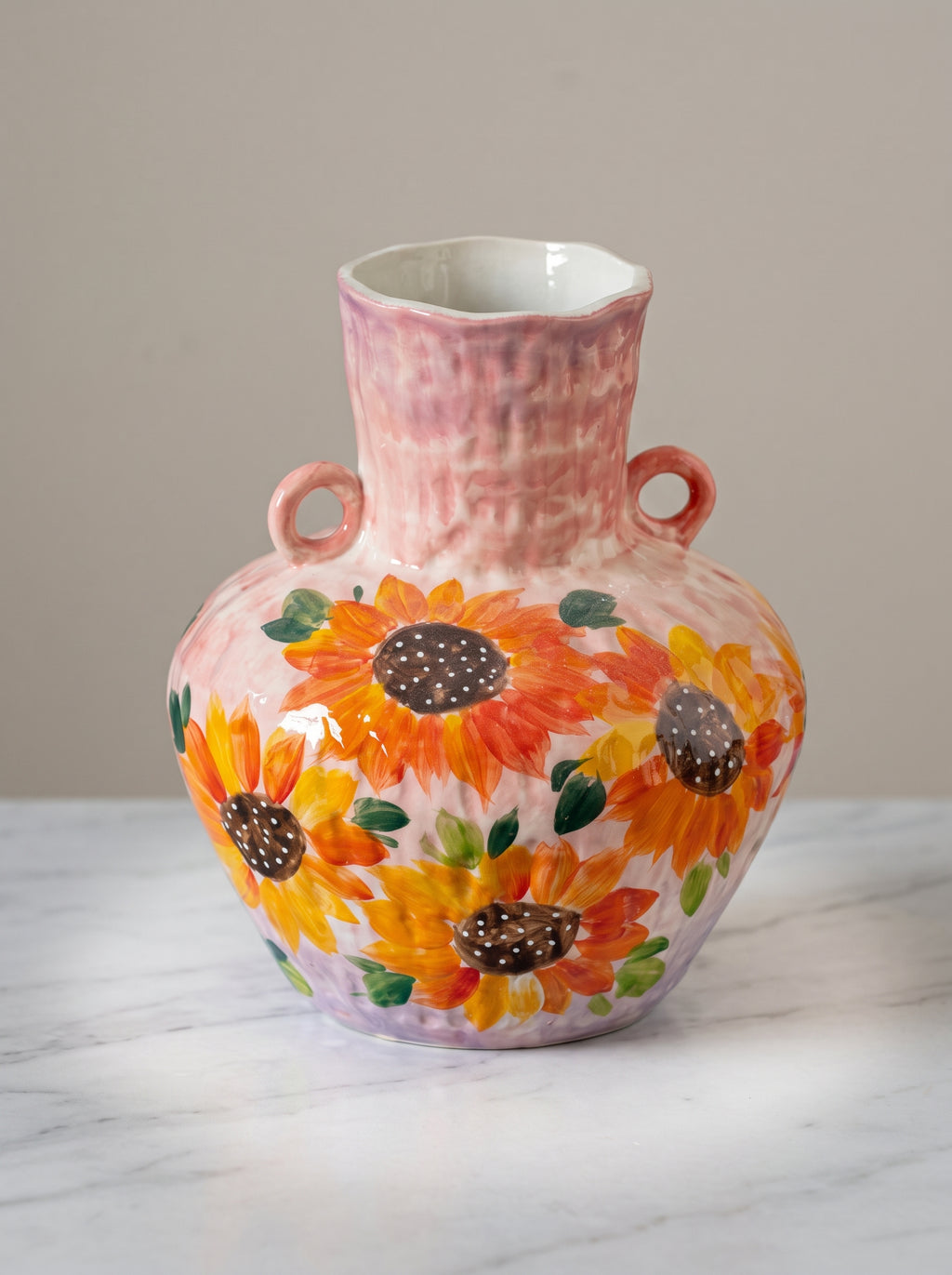 Hand-painted Pink Sunflower Twin-Handle Ceramic Vase