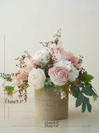 French Romantic Blush Pink Rose Woven Vase Faux Floral Arrangement