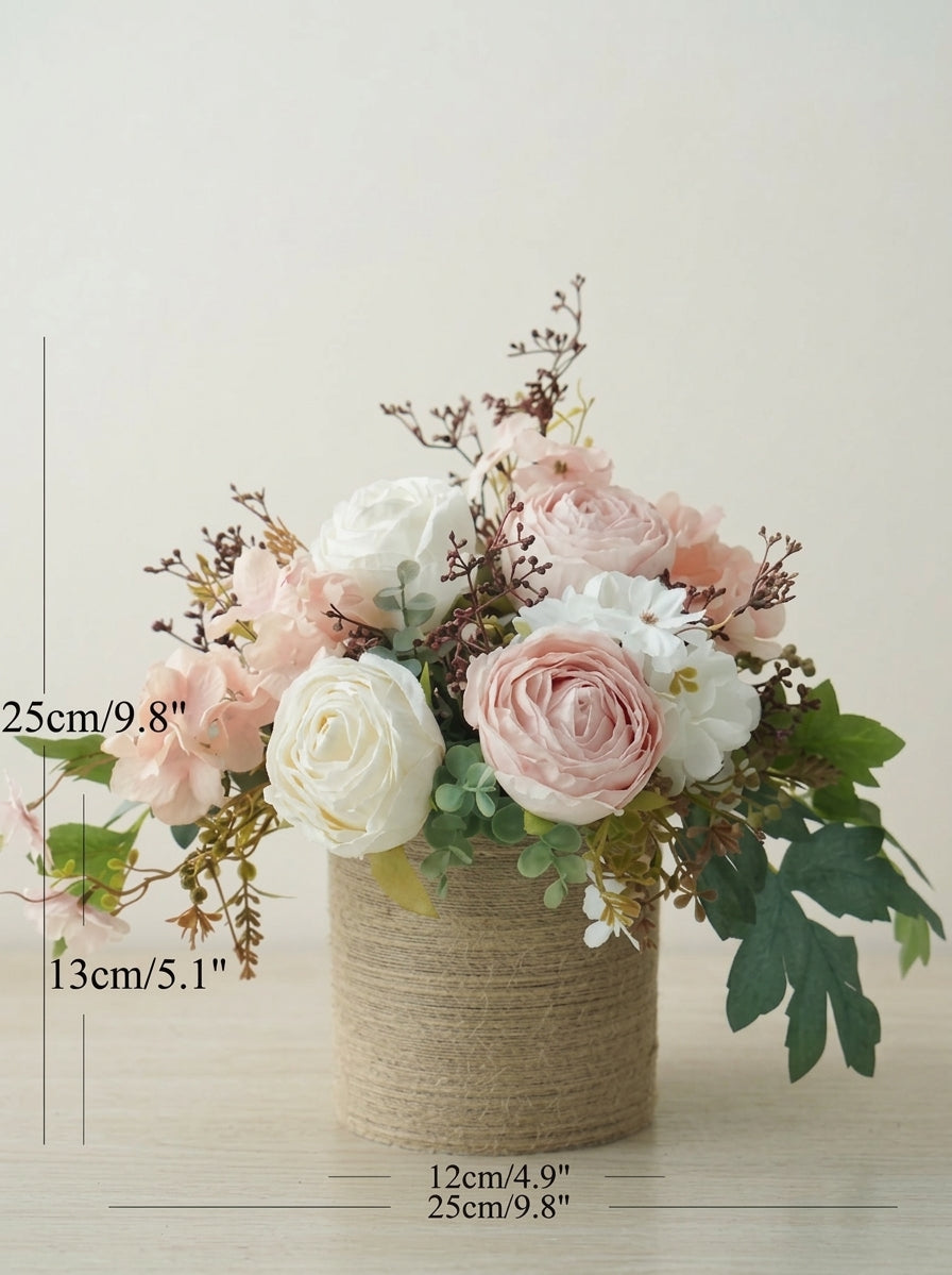 French Romantic Blush Pink Rose Woven Vase Faux Floral Arrangement