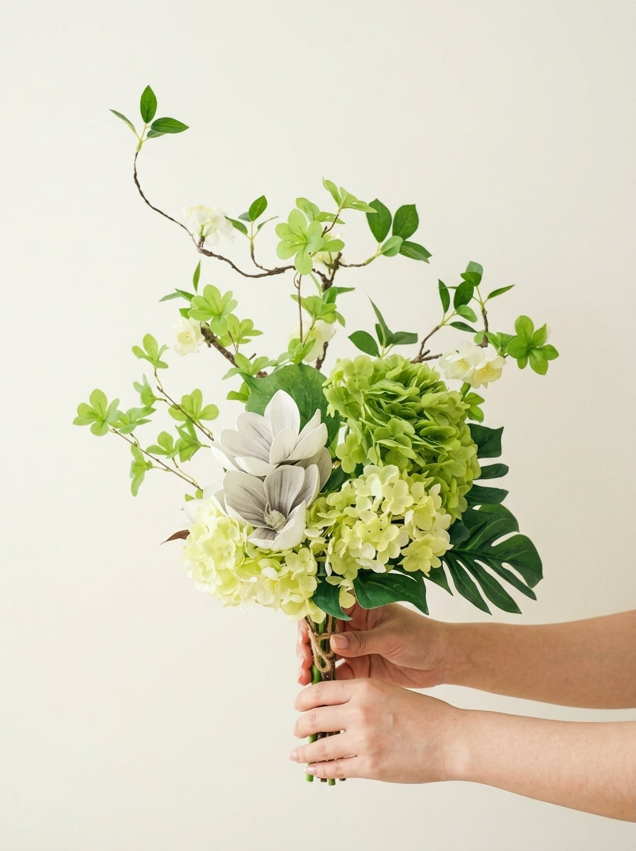 Nordic Magnolia and Green Hydrangea Botanical Faux Floral Arrangement
