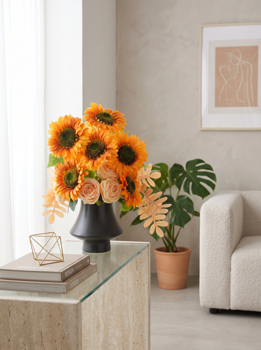 Oil Painting Sunflower and Rose Faux Floral Arrangement