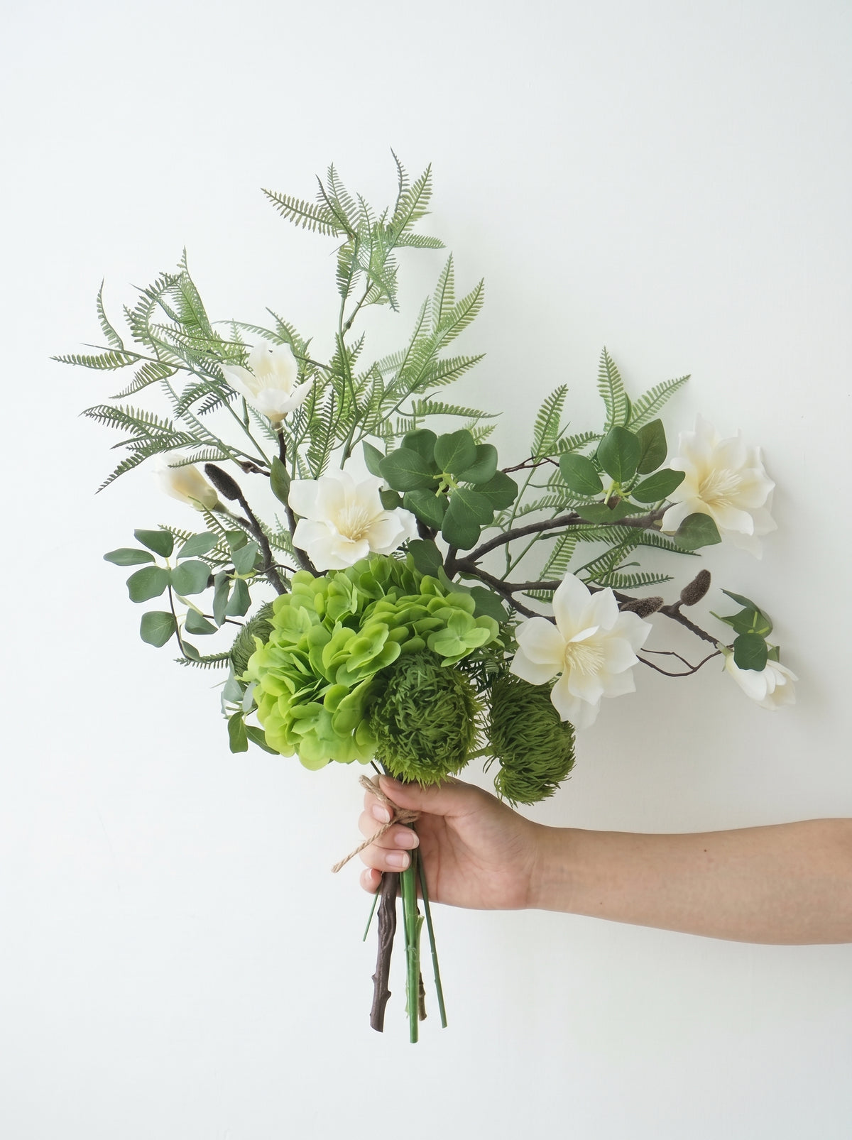 Zen White Magnolia and Green Hydrangea Faux Floral Arrangement
