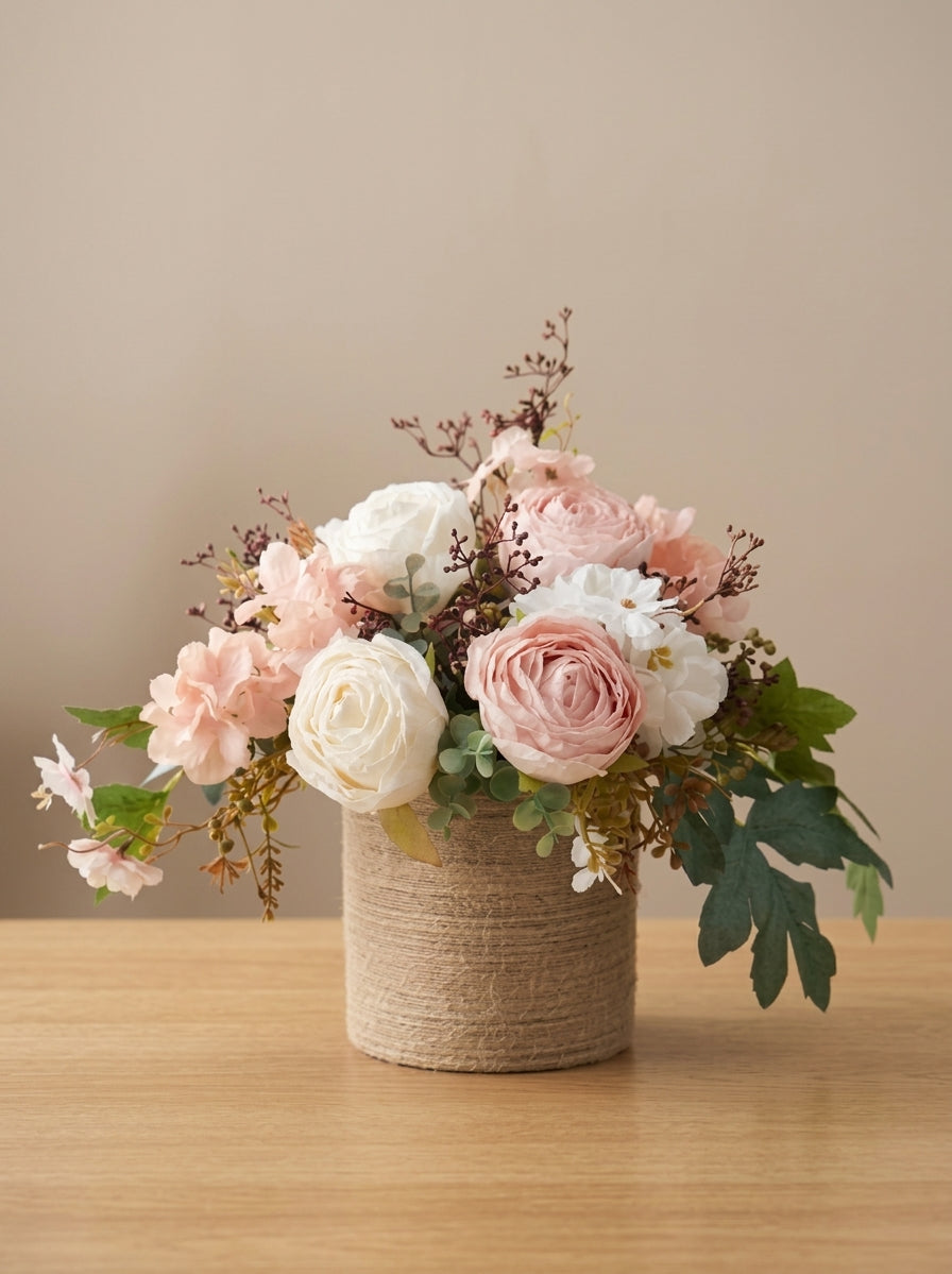 French Romantic Blush Pink Rose Woven Vase Faux Floral Arrangement