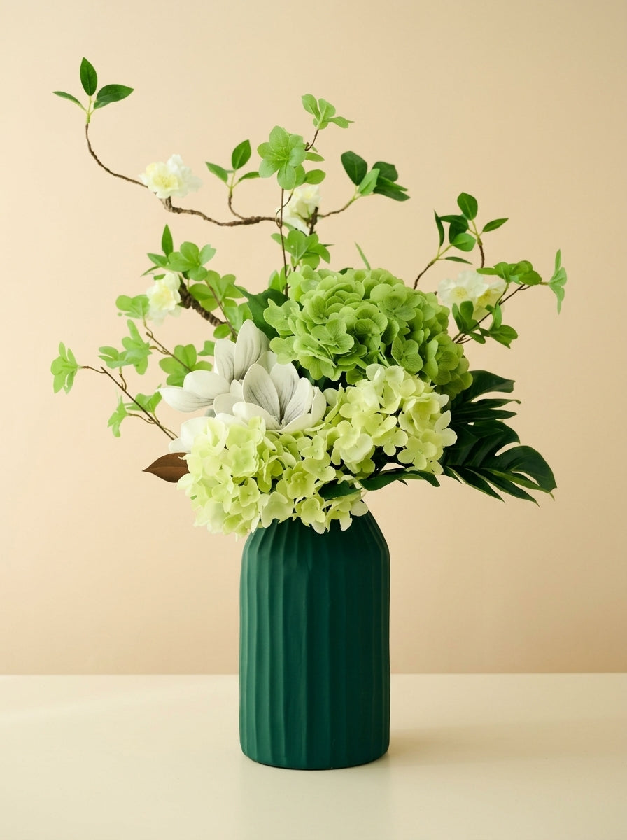 Nordic Magnolia and Green Hydrangea Botanical Faux Floral Arrangement
