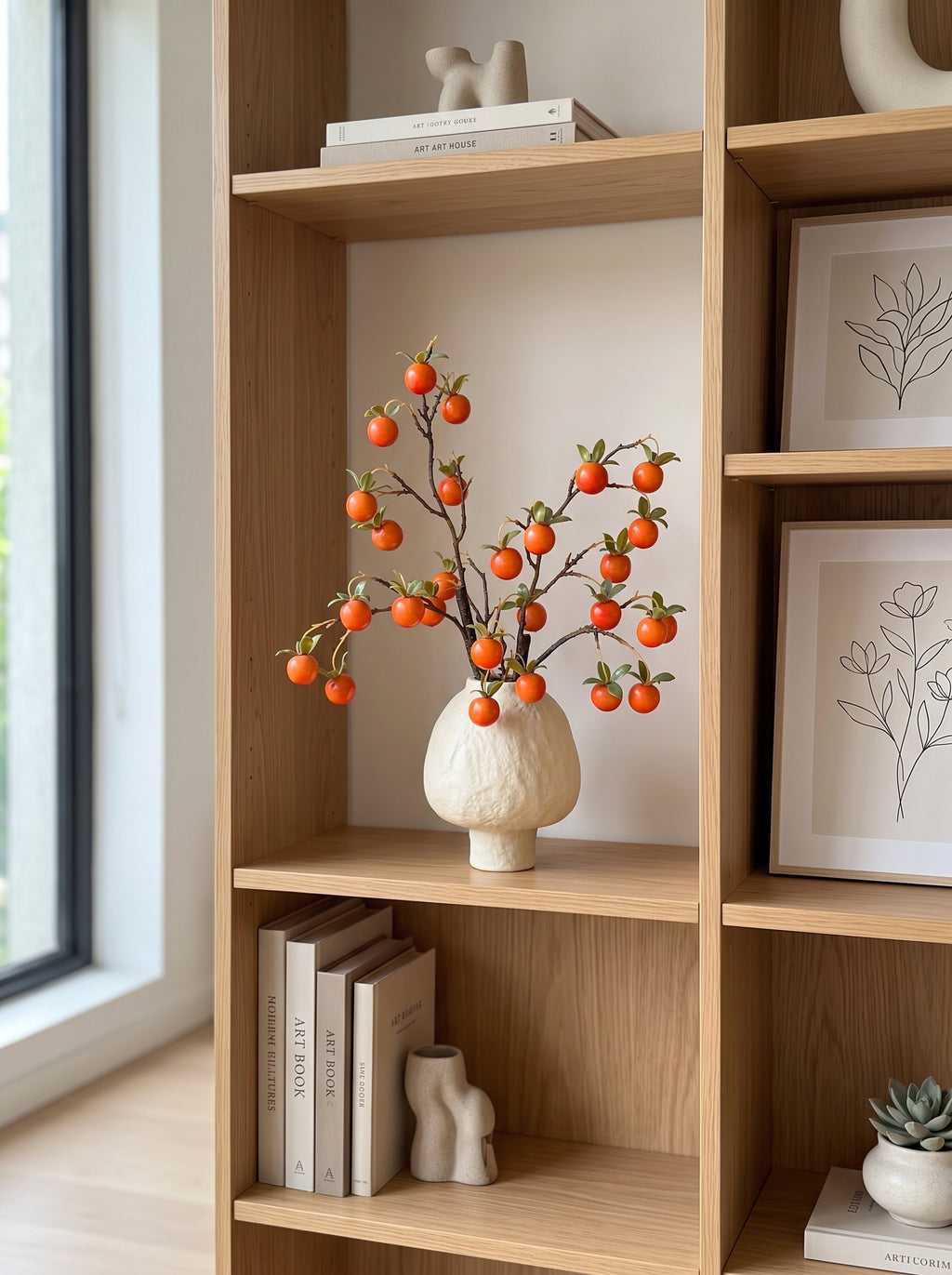Golden Autumn Persimmon Fruit Botanical Branch Artificial Floral Arrangement