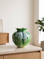 Vintage Hand-painted Emerald Green Fluted Ceramic Vase