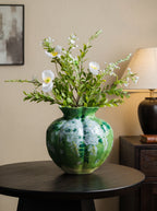 Vintage Hand-painted Emerald Green Fluted Ceramic Vase