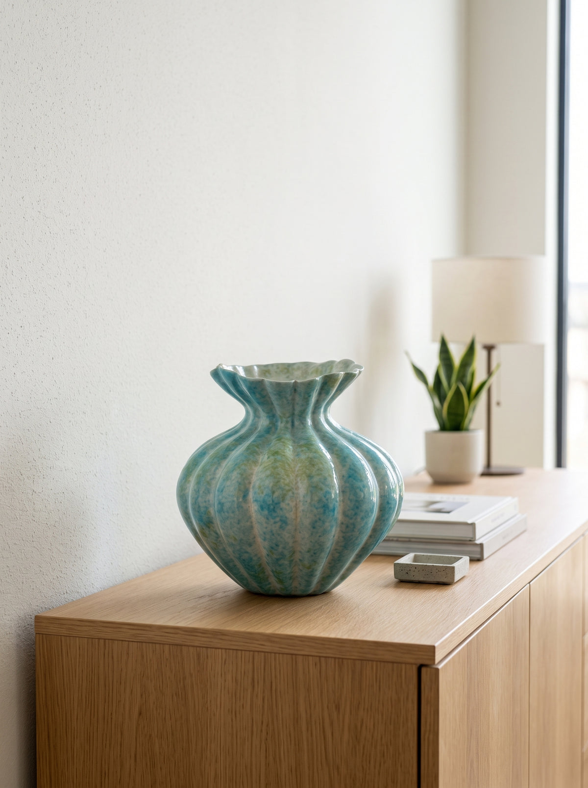 Artisanal Fluted Mint Blue Vase