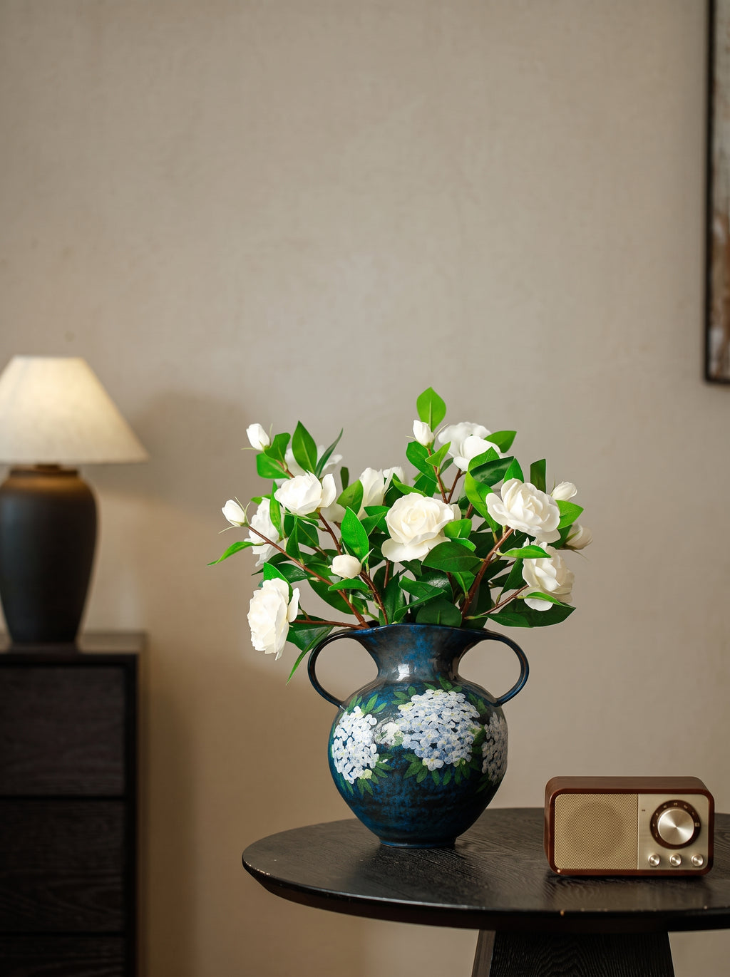 Hand-Painted Hydrangea Blue Double-Handle Vase