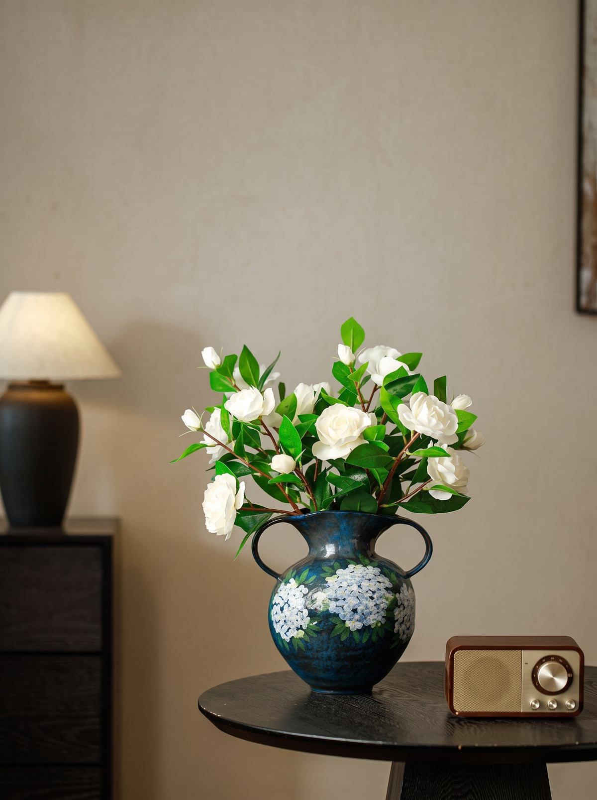 Hand-Painted Hydrangea Blue Double-Handle Vase