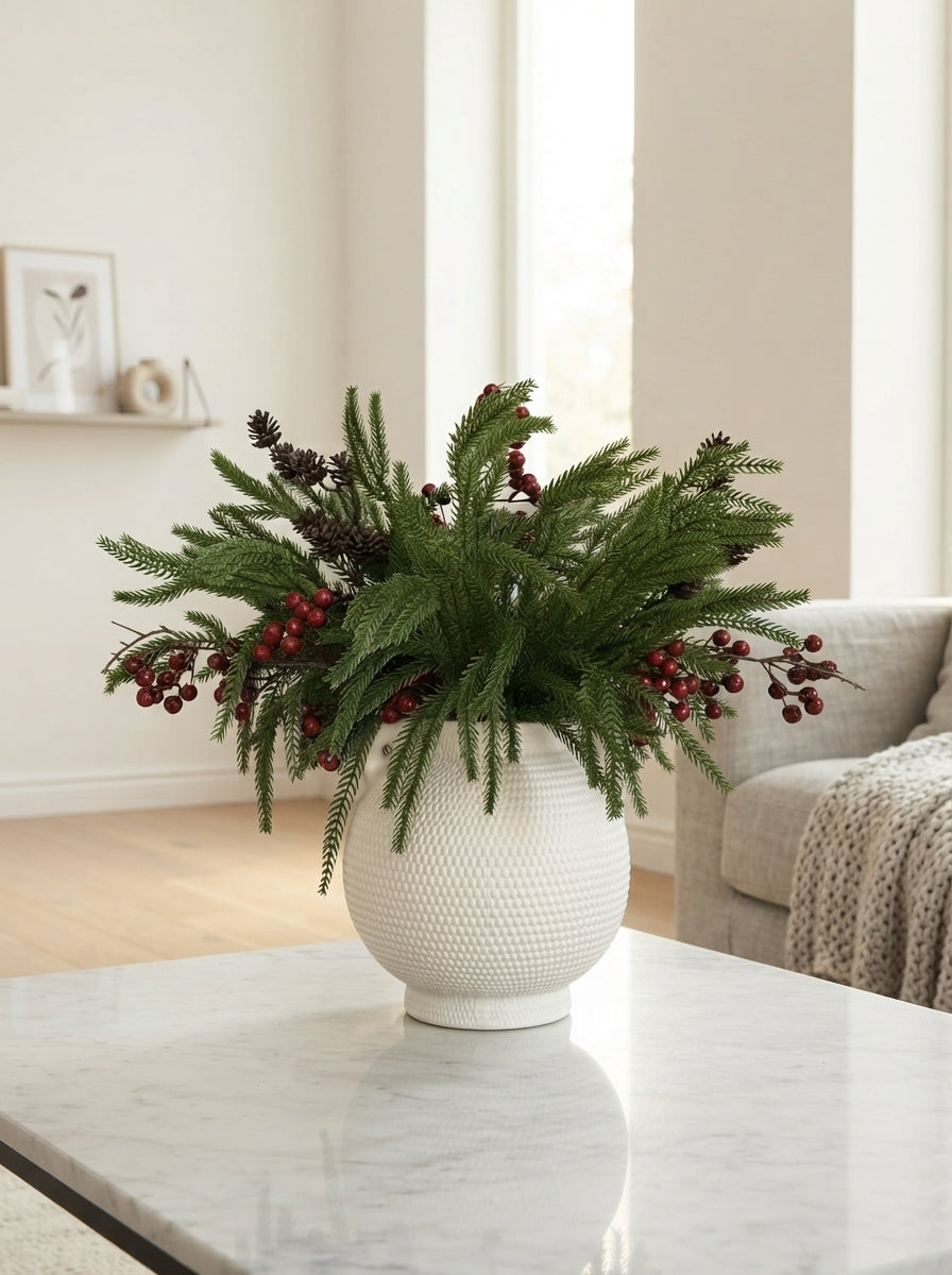Winter Pine & Red Berry Faux Floral Arrangement