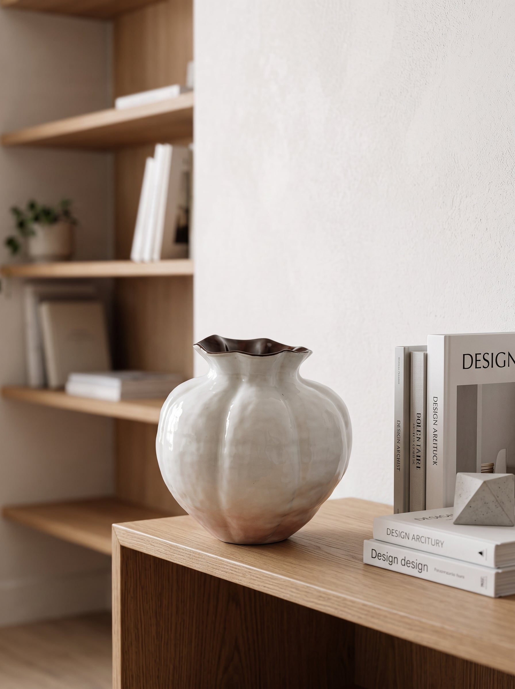 Nordic Glossy White Fluted Sculptural Vase