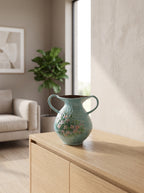 Hand-Painted Floral Double Handle Teal Vase