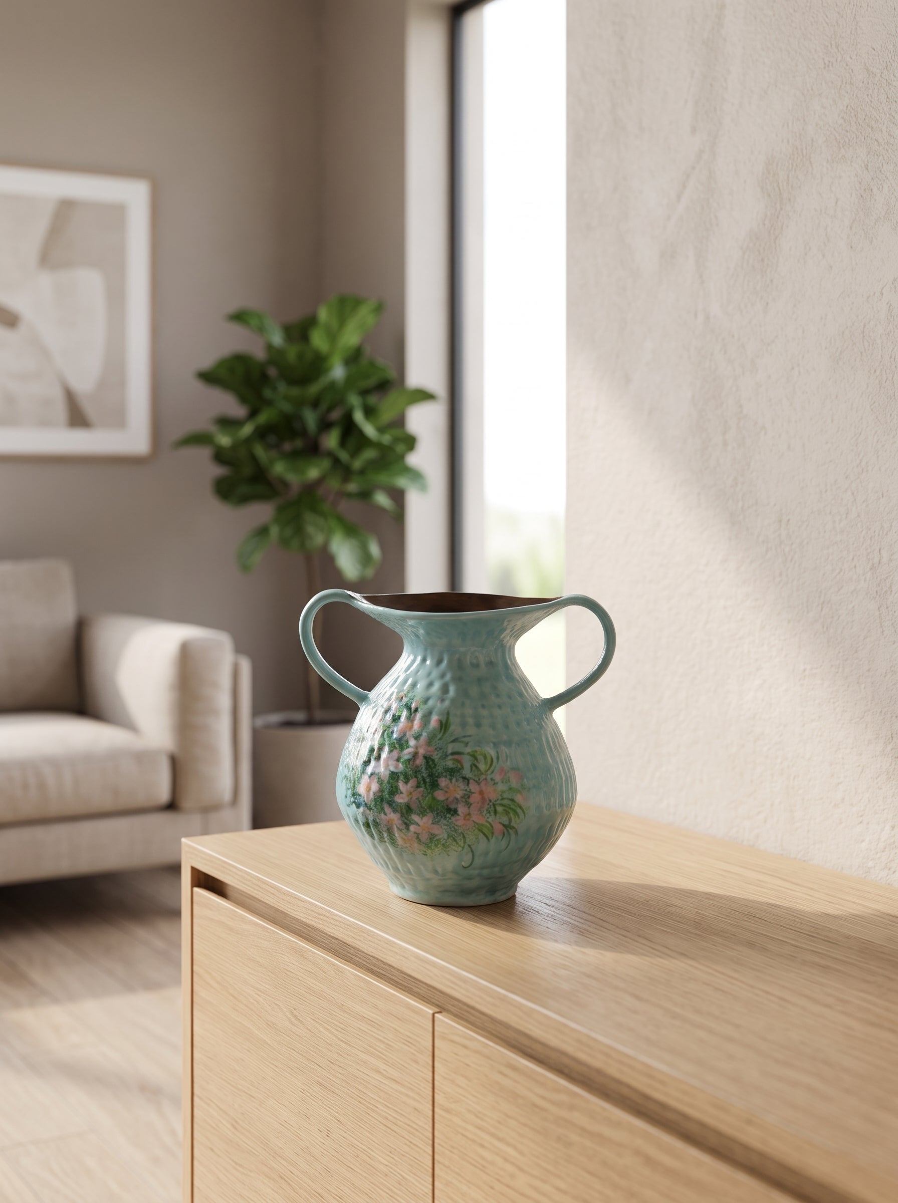 Hand-Painted Floral Double Handle Teal Vase