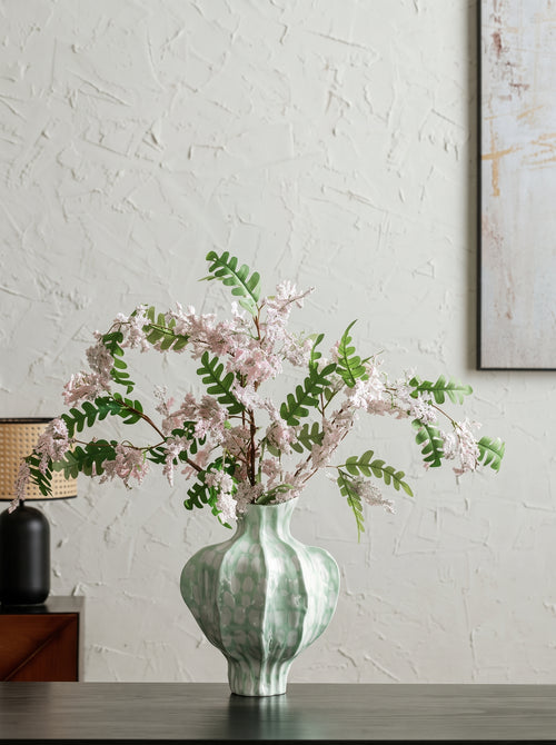 Artisanal Fluted Mint Green Spotted Ceramic Vase