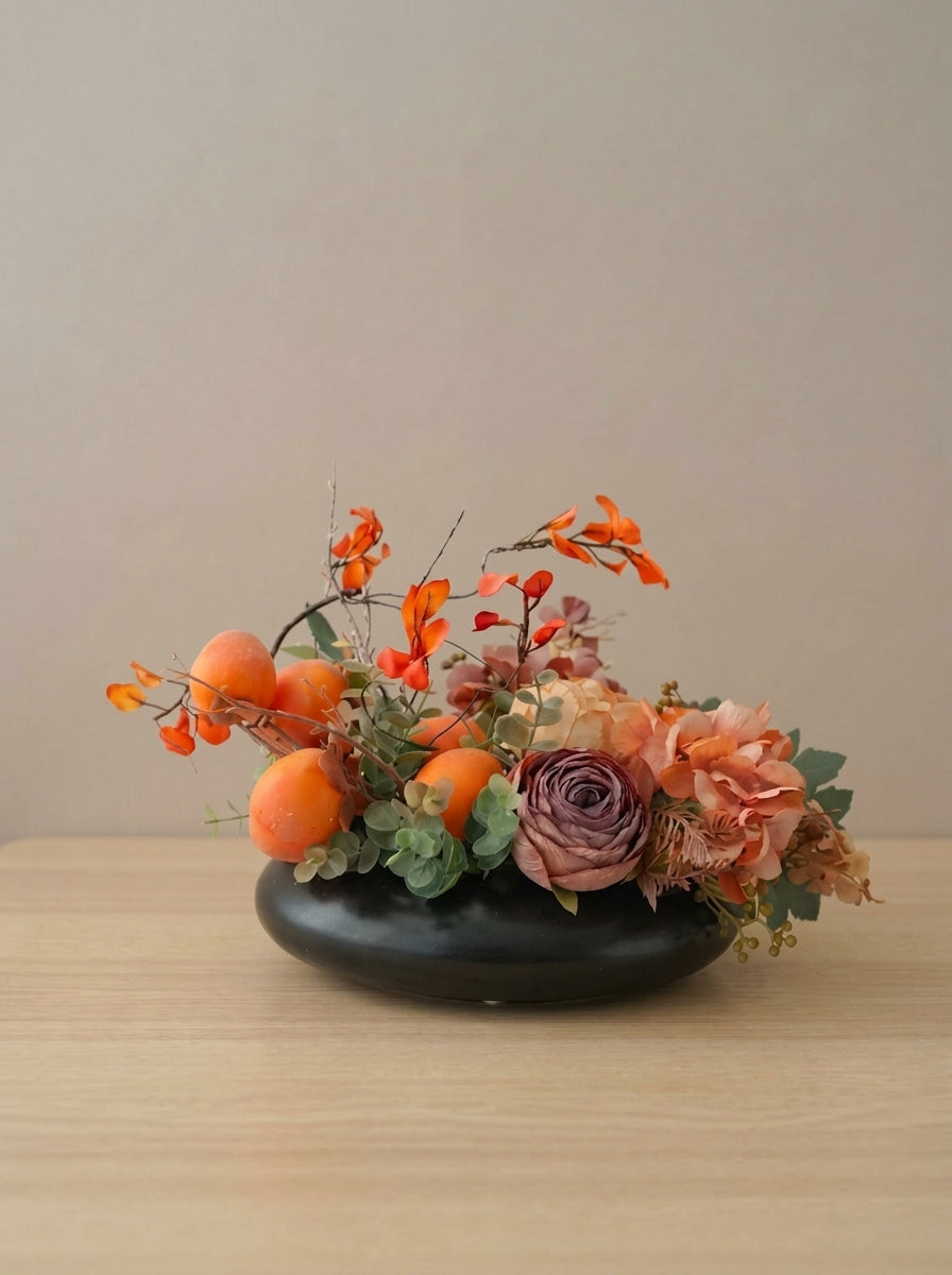 Zen Persimmon and Vintage Rose Botanical Faux Floral Arrangement
