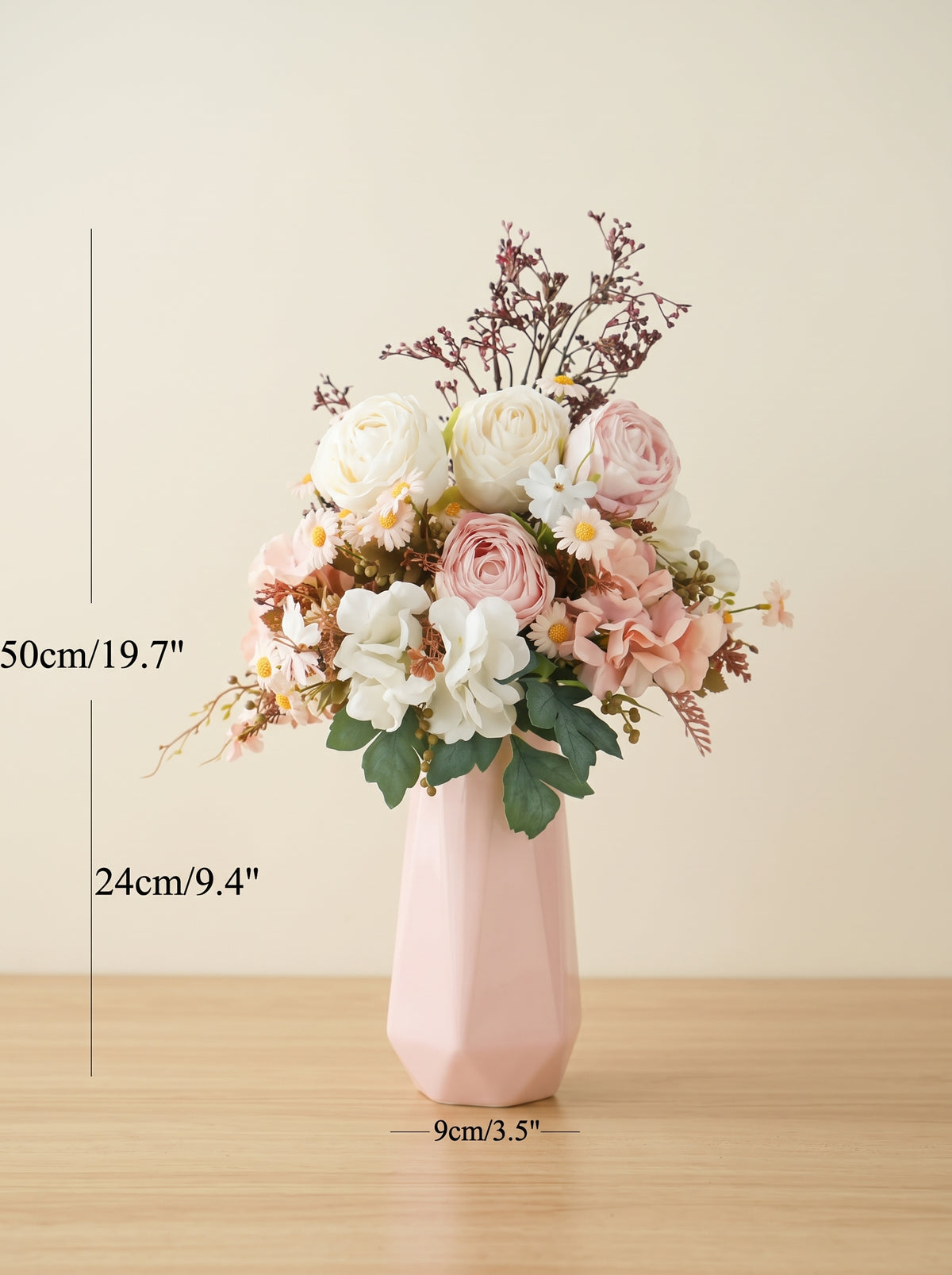 French Country Creamy Pink Rose Daisy Faux Floral Arrangement