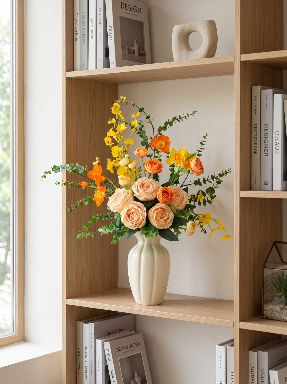 Nordic Champagne Rose and Yellow Dancing Orchid Faux Floral Arrangement