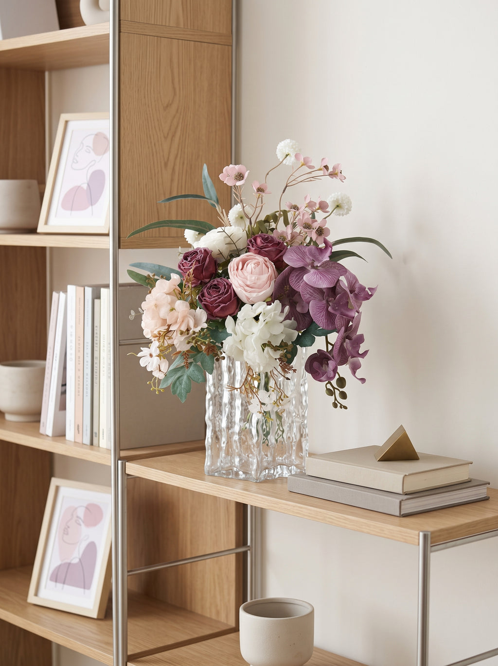 Dusty Purple Orchid and Rose Faux Floral Arrangement