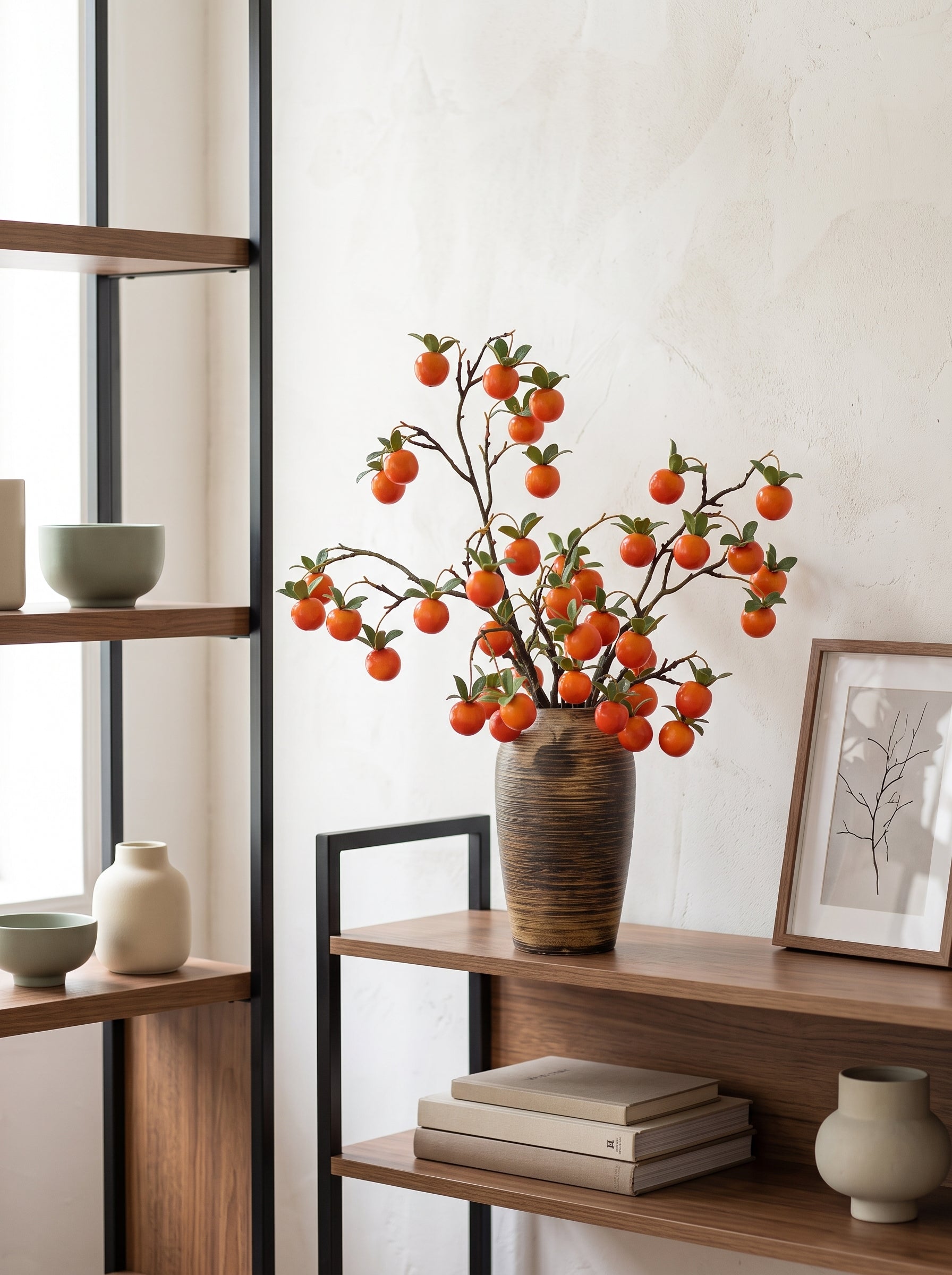 Luxurious Abundant Autumn Persimmon Fruit Stem Artificial Floral Arrangement