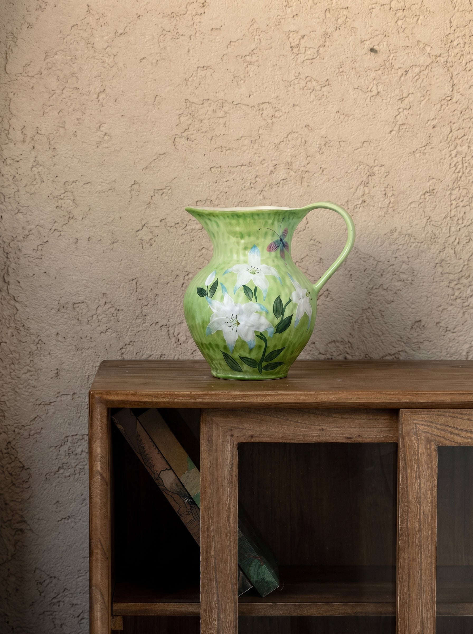 French Country Botanical Lily Butterfly Ceramic Vase