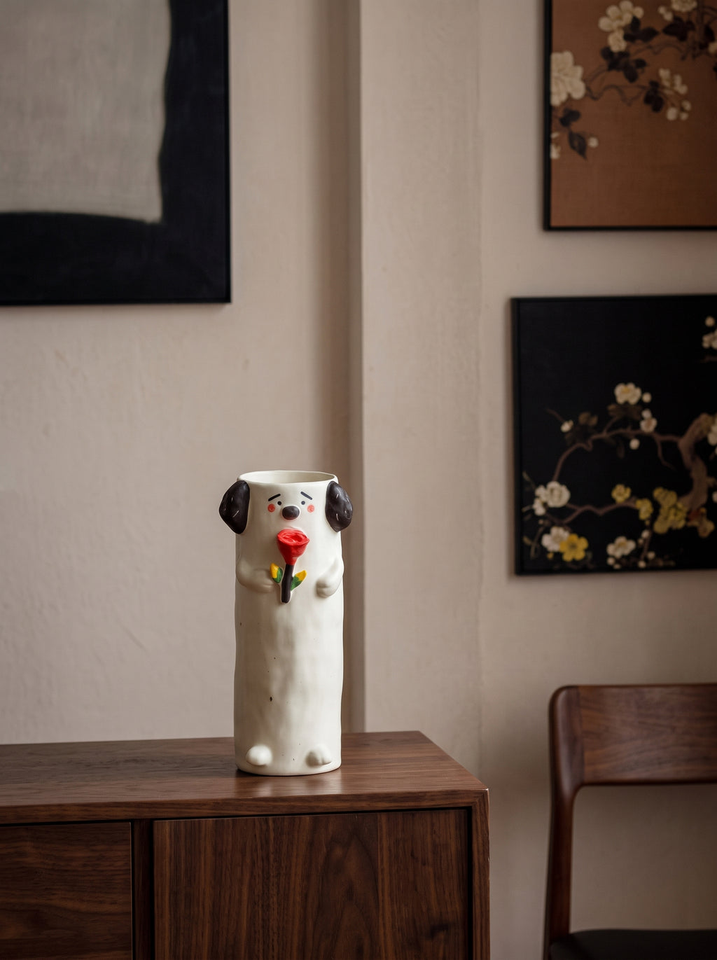 Artisanal Whimsical Dog Holding Rose Vase