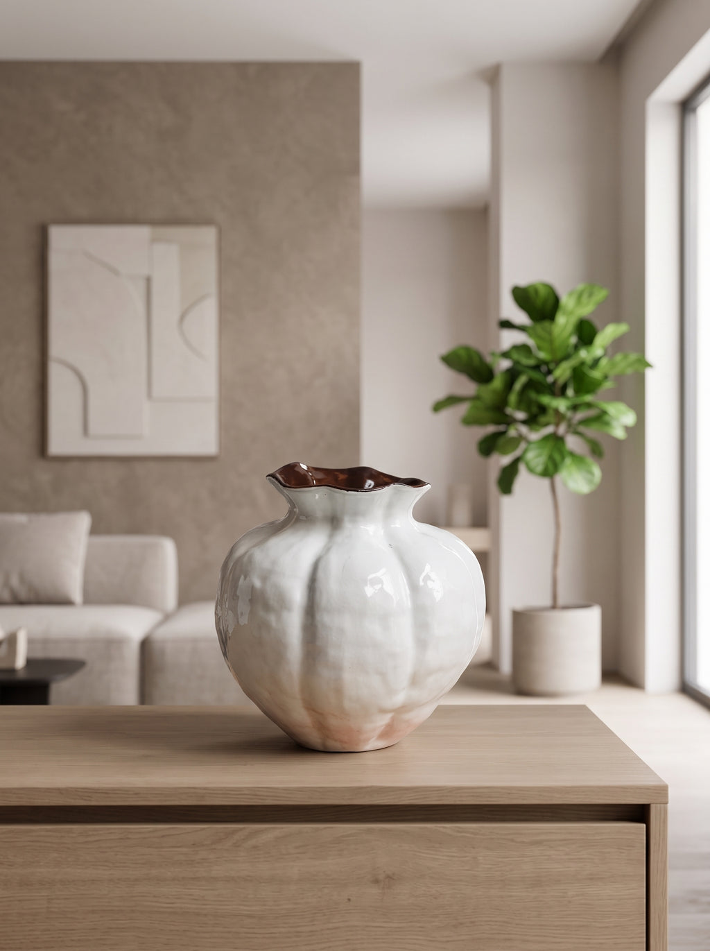 Nordic Glossy White Fluted Sculptural Vase