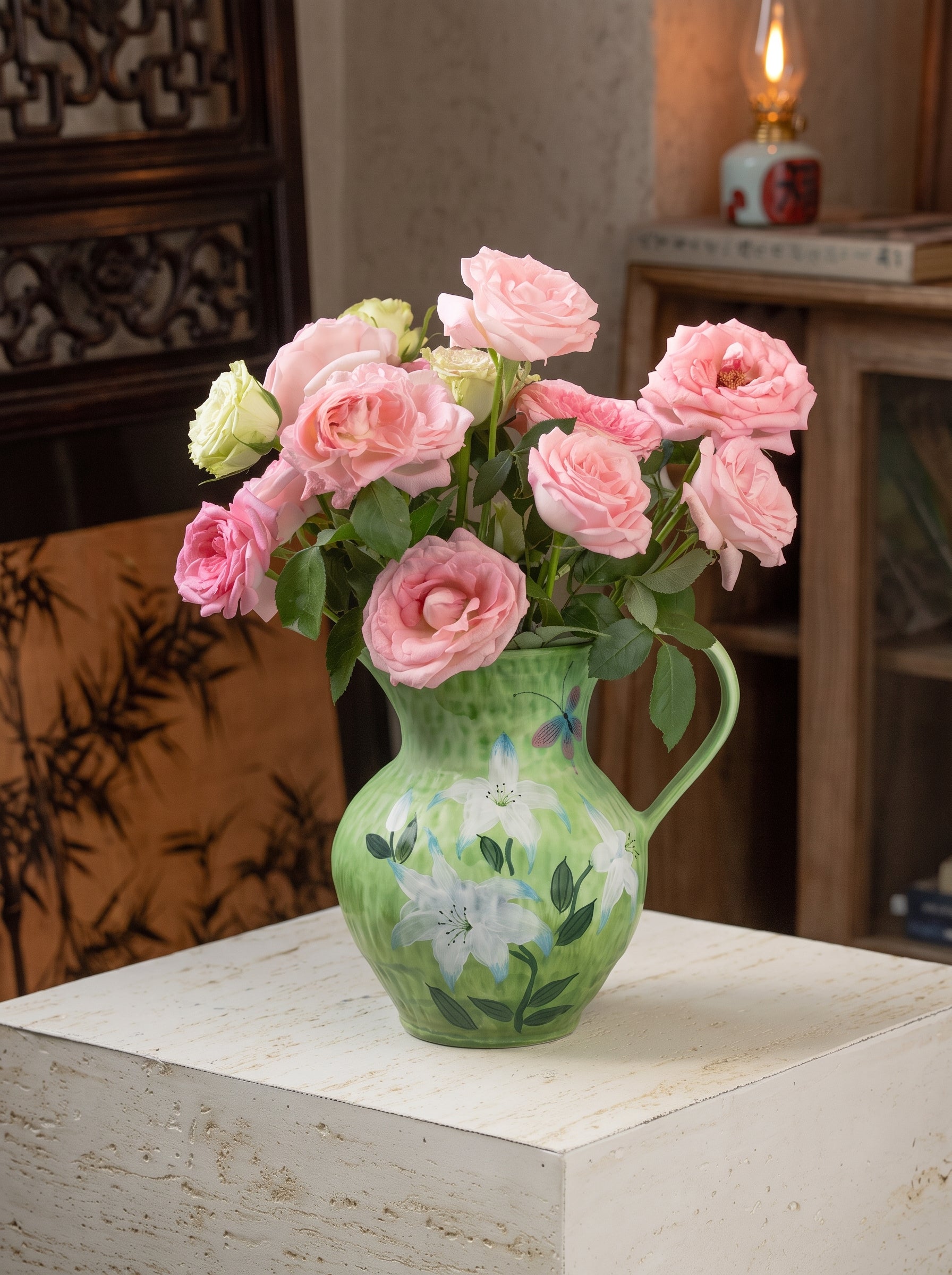 French Country Botanical Lily Butterfly Ceramic Vase