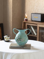 Hand-Painted Floral Double Handle Teal Vase